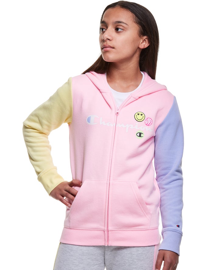 Champion Colorblock Fleece Full Zip Smiley Face Hoodie Meisjes - Roze/Blauw/Geel - Belgie 7392KPVCZ